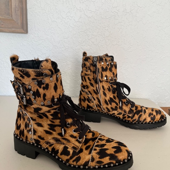 Sam Edelman women’s leopard brown/caramel combat boots studded calfhair Jennifer - Picture 2 of 11